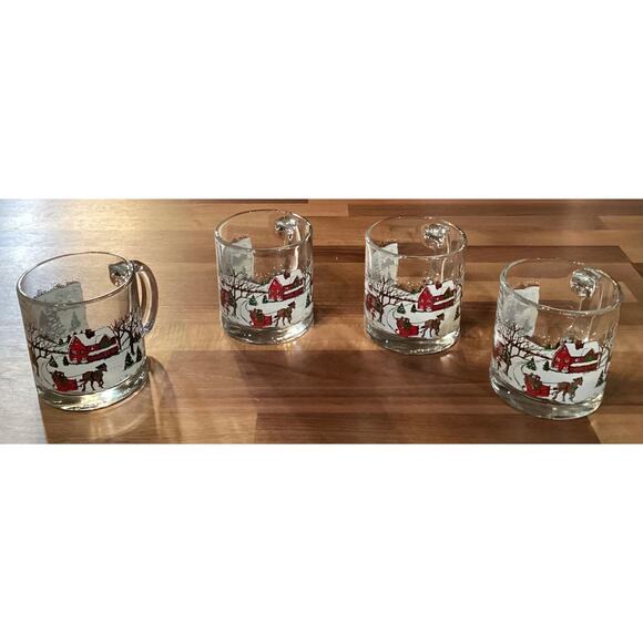 Vintage Set Of 4 Libbey Currier & Ives Christmas Glass Mugs Winter Snow Scene - Picture 3 of 11